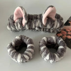 3PCS Cute Cat Ear Plush Spa Headband & Wristband Set
