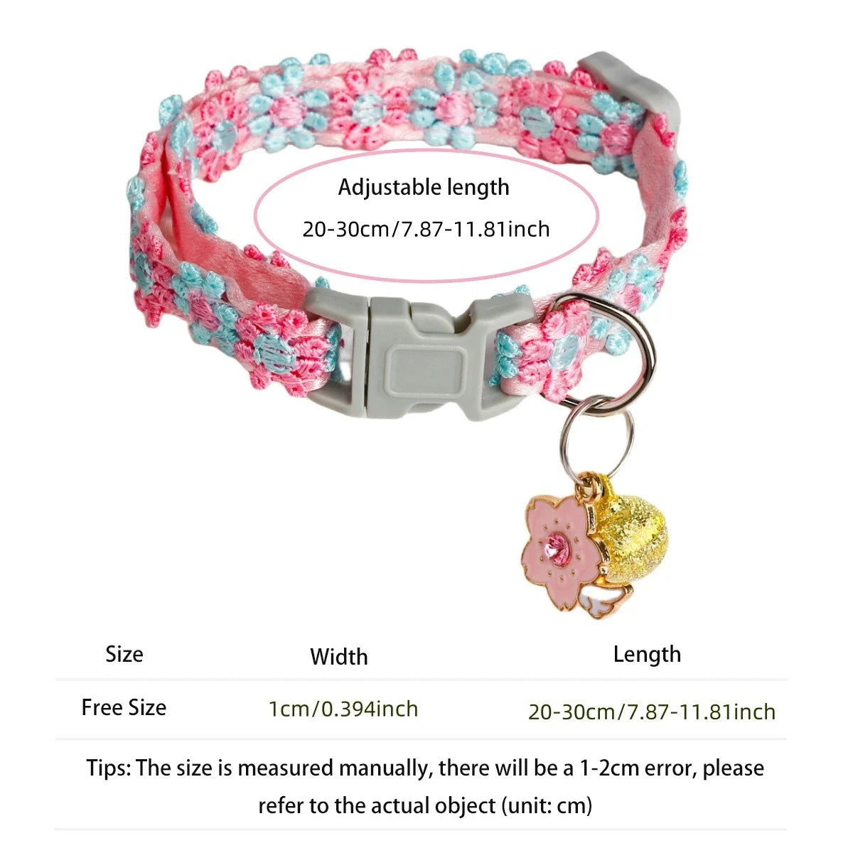 Pink Blue Cherry Blossom Embroidery Cat Collar With Bell Safety Breakaway Buckle Pet Accessory For Kitten Puppy