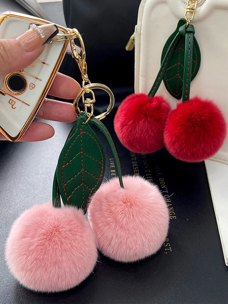 Cute Fluffy Cherry Fur Ball Keychain Bag Pendant Charm