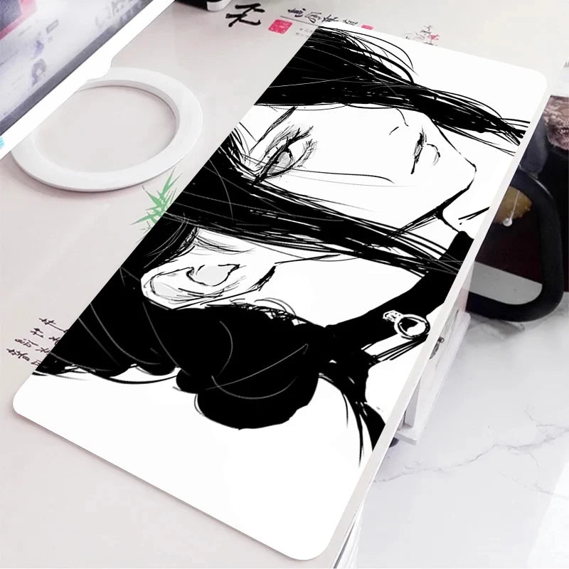 Black and White Anime Girl Table Mat Large Mouse Pad Office Keyboard Edge Locking Desk Mat Gaming Accessories Non-slip Mousepad