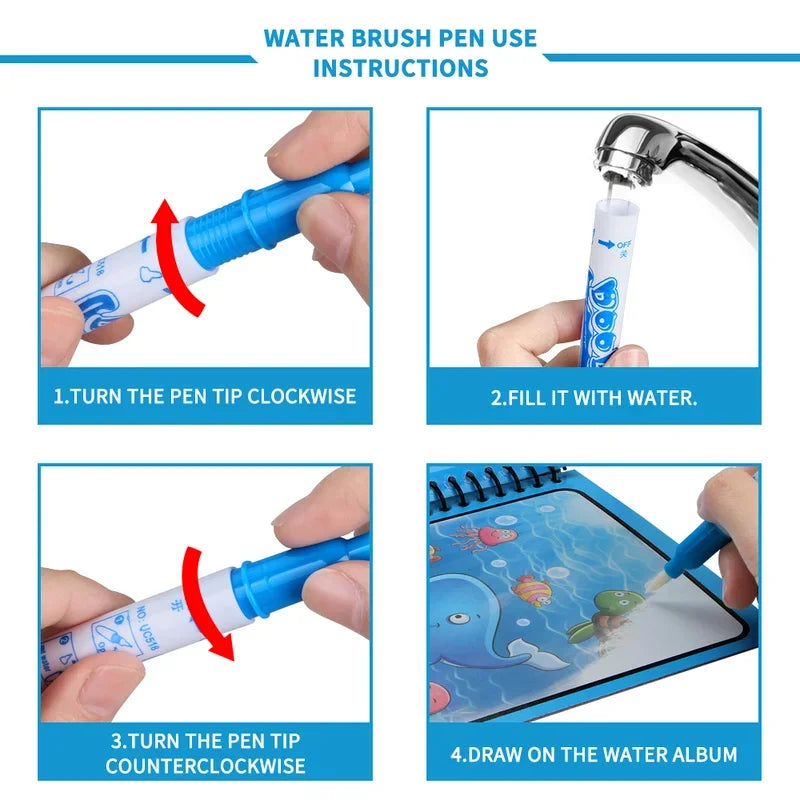Magic Water Drawing Book with Reusable Coloring Pen for Kids Fun