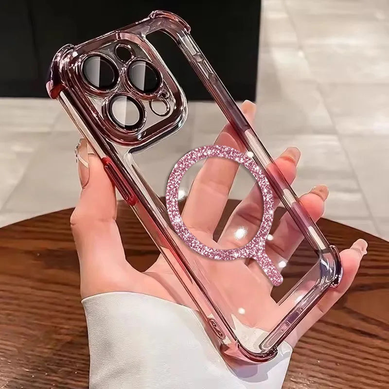 Transparent Plating Shockproof Glitter Magnetic Phone Case For iPhone 18 17 15 16 14 11 12 13 Pro Max Plus Air For Magsafe Cover