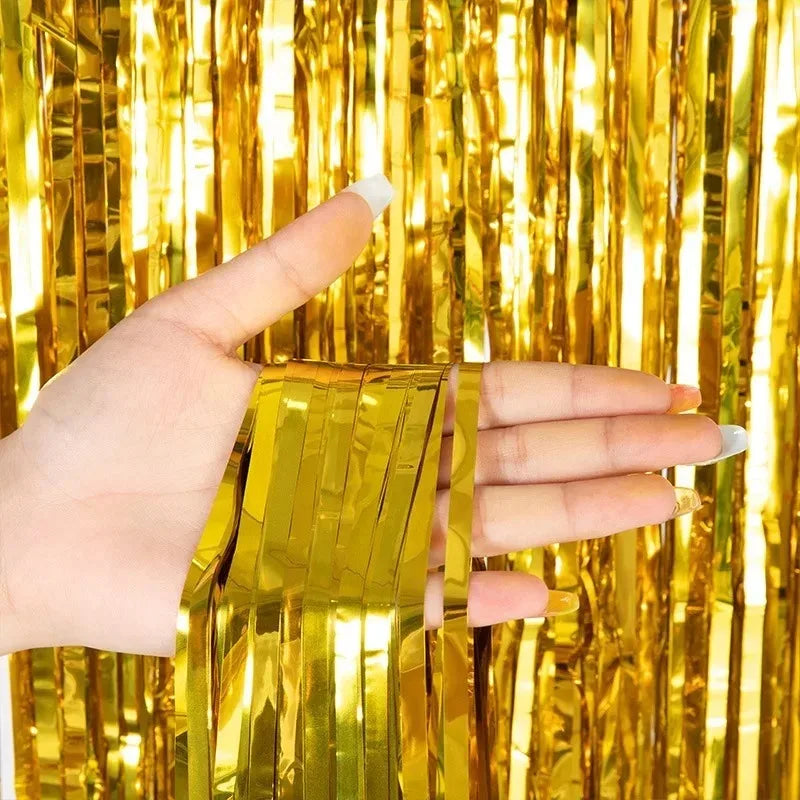 2Meters Party Backdrop Curtains Glitter Gold Tinsel Fringe Foil Curtain Birthday Wedding Decoration Adult Anniversary Decortion