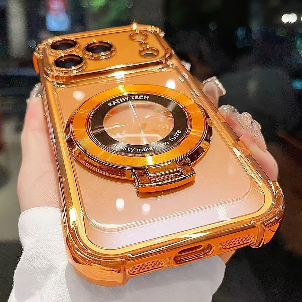 Luxury Magnetic Stand For Magsafe Wireless Charging Plating Phone Case For iPhone 18 17 16 15 14 13 12 11 Pro Max Plus Air Cover