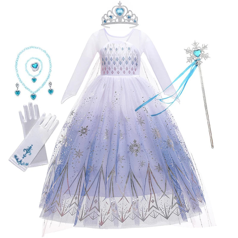 Girls Elsa Frozen Snow Queen Mesh Princess Dress Costume