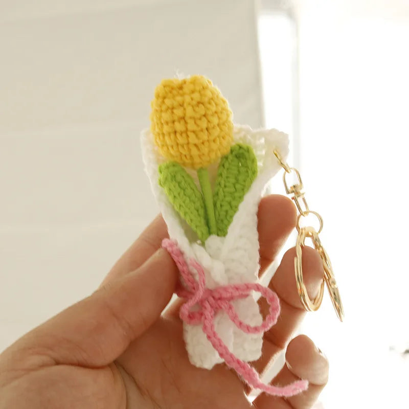 Crochet Flower Bouquet Keychain Handmade Floral Bag Charm