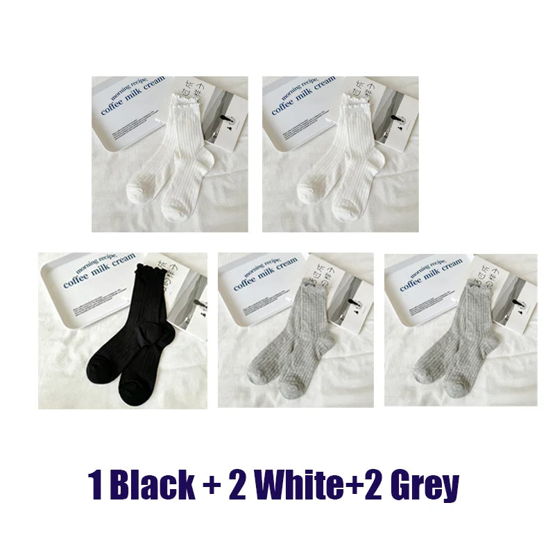5 Pairs/Lot Women Hollow Mesh Tube Socks Ear Fungus Edge Socks Ins Trendy Spring Summer Loose Mouth Thin Style Girls Pile Socks