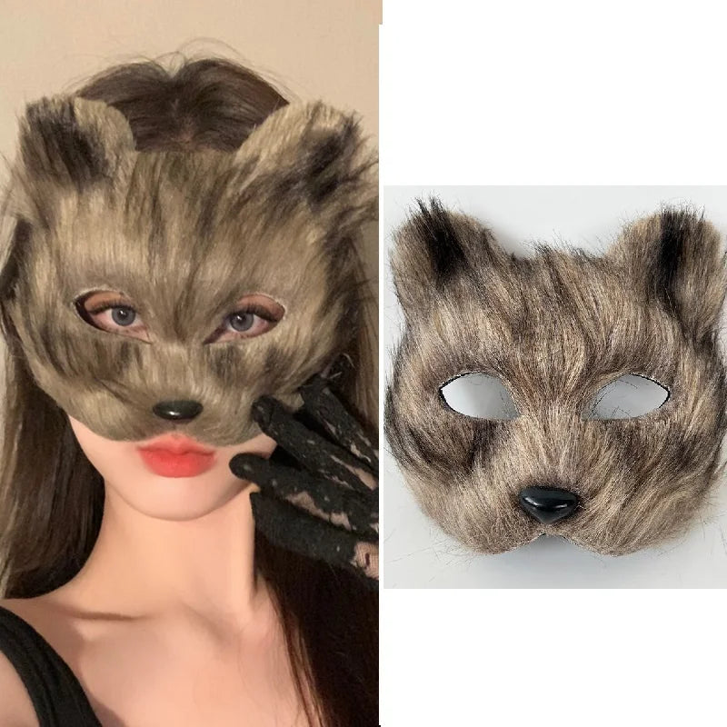 Faux Fur Fox Tail Cat Wolf Cosplay Costume Set with Plush Mask Fluffy Paw Gloves for Halloween And Christmas Party Accessories