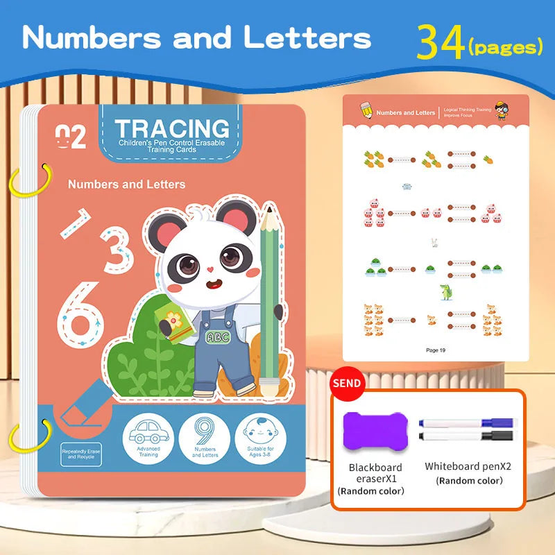 34-Page Reusable Children's Practice Book Set with Erasable Pen - Early Learning of Writing and Drawing Skills, Educational Books for Pen Control Training, Innovative Learning - Perfect Choice for Christmas and Birthday Gifts