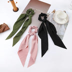 Floral Satin Bow Scrunchie with Long Ribbon Scarf