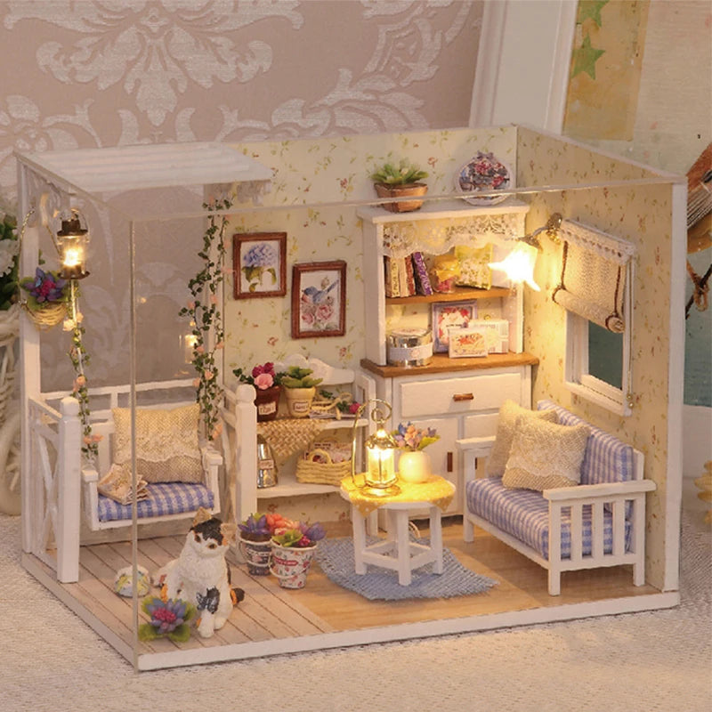 Kitten Mini Doll House 3D Wooden Puzzle DIY Miniature Building Kit