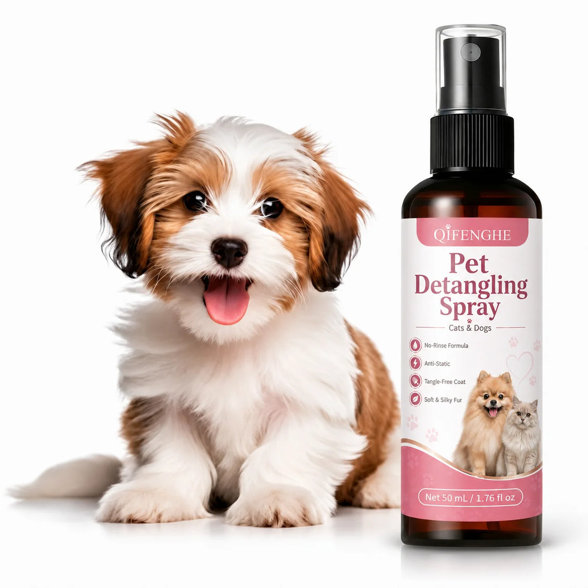 No Rinse Pet Detangler Spray for Long Hair Dogs Cats Removes Mats Knots Reduces Static Softens Fur Daily Grooming Care 50ml