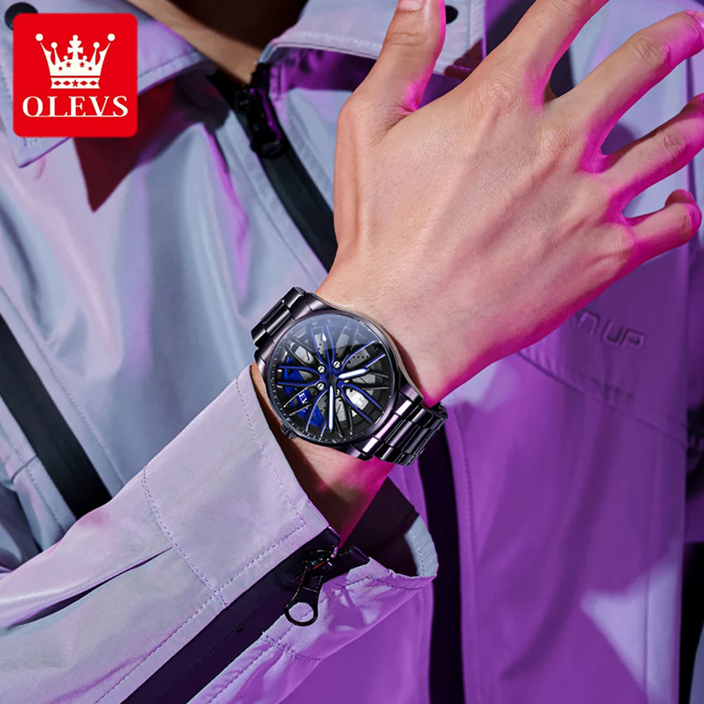 OLEVS Fashion 360° Rotary Dial Quartz Watch for Men Sport Car Rim Wheel Hub Waterproof Luminous Stainless Steel Men's Wristwatch