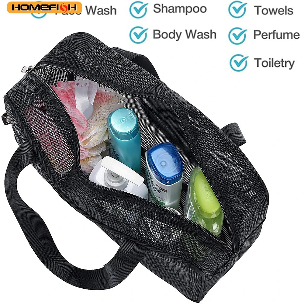 Portable Mesh Shower Storage Bag Large Capacity Travel Toiletry Organizer