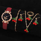 5/6 PCS/Set Red Women's Watch With Minimalist Elements Dial Quartz Watch Latex Strap Cherry Elements Jewelry Set Girl's Gift