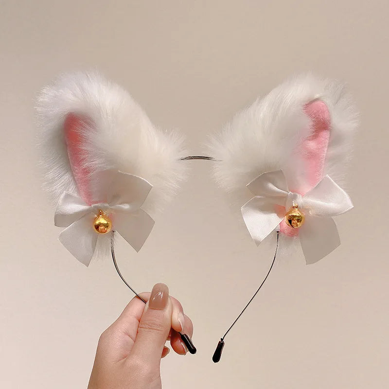 Plush Lace Cat Ears Bell Headband for Women