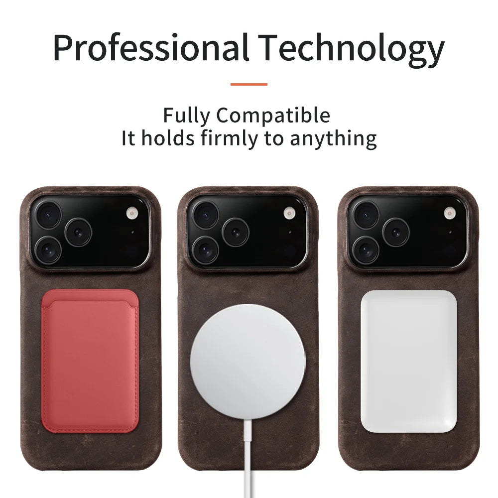 for Magsafe Case for iPhone 17 15 16 18 Pro Max Air 18Pro 17Pro Retro Luxury Genuine PULL-UP Leather Magnetic Phone Back Cover