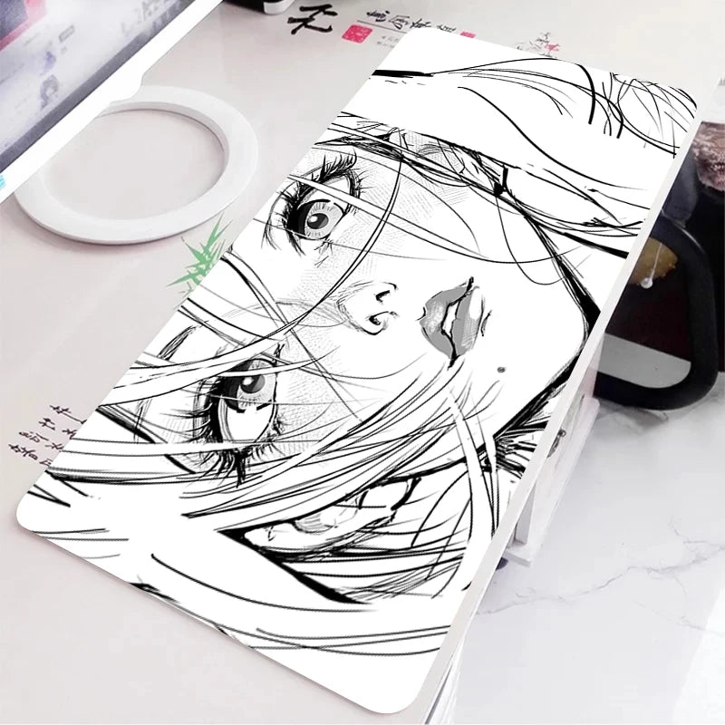 Black and White Anime Girl Table Mat Large Mouse Pad Office Keyboard Edge Locking Desk Mat Gaming Accessories Non-slip Mousepad