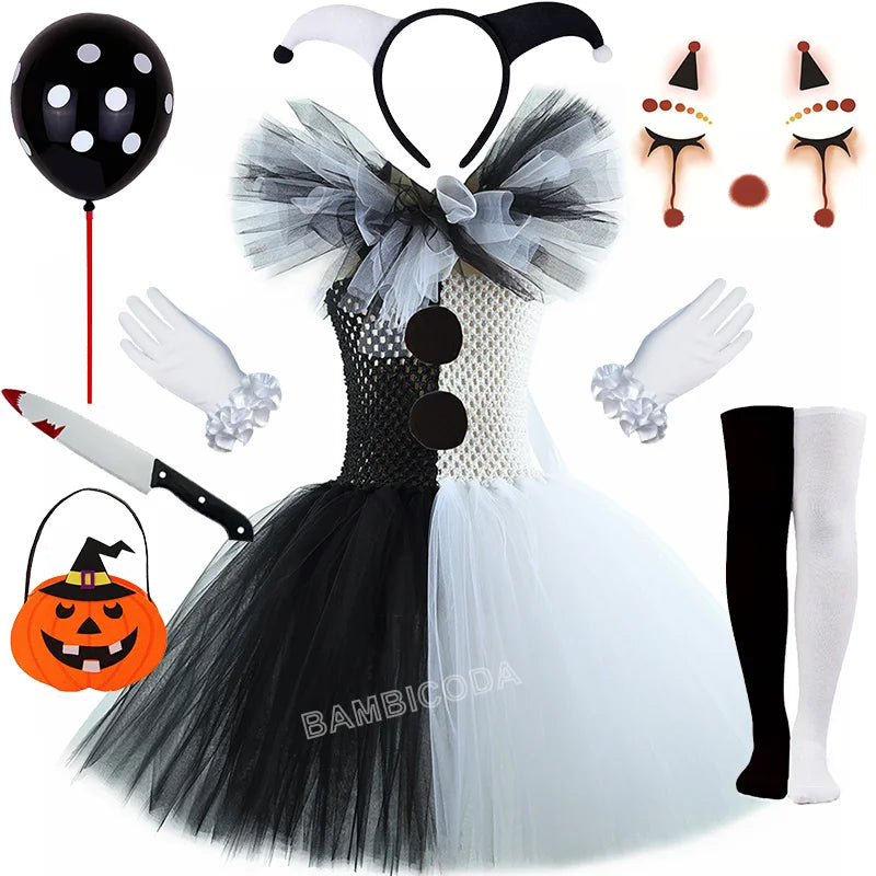 Girls Horror Clown Costume – Black & White Tutu Dress
