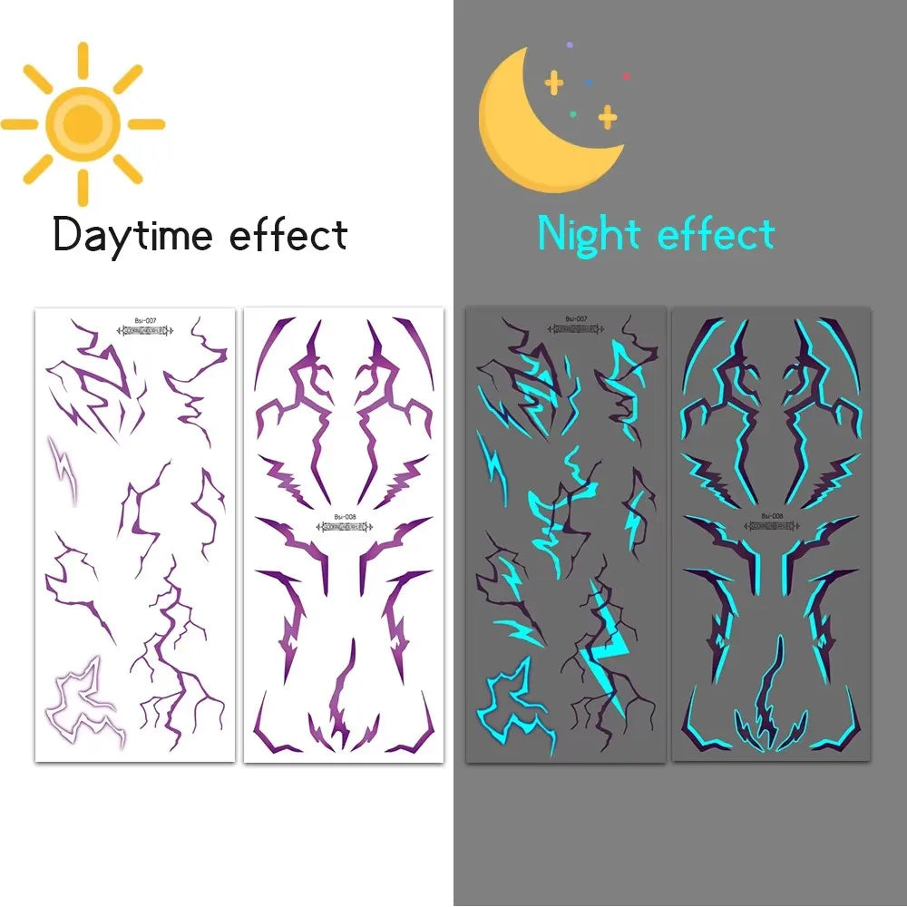 2pcs Glow in The Dark Kpop Gothic Women Face Temporary Tattoos -Cool Blue Purple Lightning & Vein Body Art Waterproof Tattoos