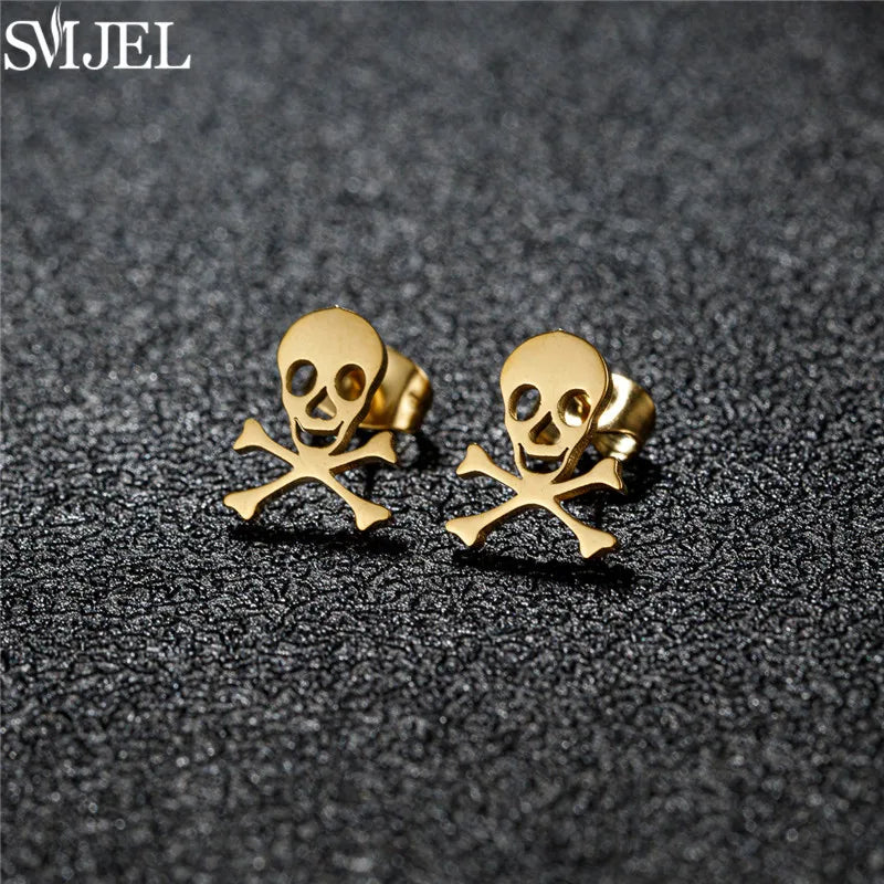 Punk Halloween Earring Black Stainless Steel Ghost Pirate Skull Stud Earrings Women Men Goth Pumpkin Spider Bat Ear Jewelry Gift