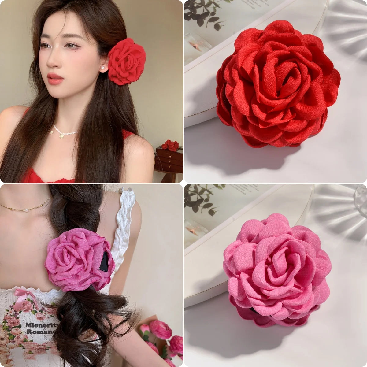 Cotton Rose Flower Hair Claw Clip – Medium Shark Clamp