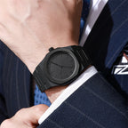 Men's Fashion Simple Black Large Dial Quartz Watch Casual Polycarbonate Butterfly Buckle Strap Male Waterproof Clock Wristwatch