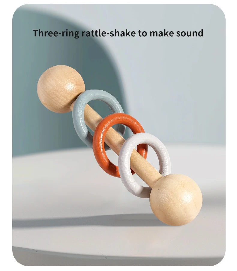 Baby Wooden Hand Bell Rattle Montessori Sensory Grasp & Teething Toy