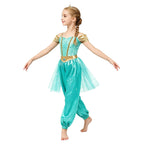 Girls Arabian Princess Costume Belly Dance Jumpsuit Shiny Sequin Tulle Overlay Satin Bodysuit for Halloween Theme Party Carnival
