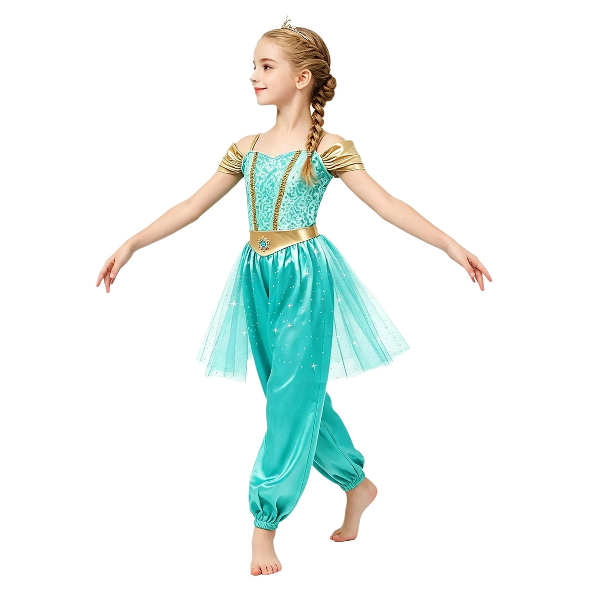 Girls Arabian Princess Costume Belly Dance Jumpsuit Shiny Sequin Tulle Overlay Satin Bodysuit for Halloween Theme Party Carnival