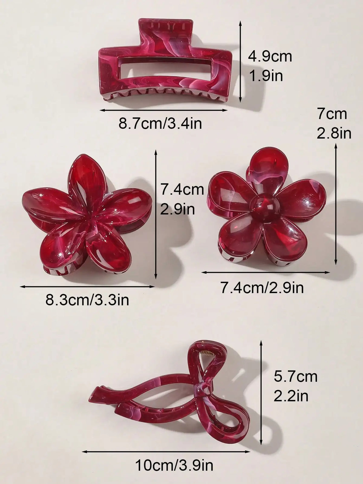 4Pcs Autumn Winter Burgundy Bow Square Flower Hair Claw Clips for Women MultiStyle Red Fashion Hair Accessories Headwear Hairpin