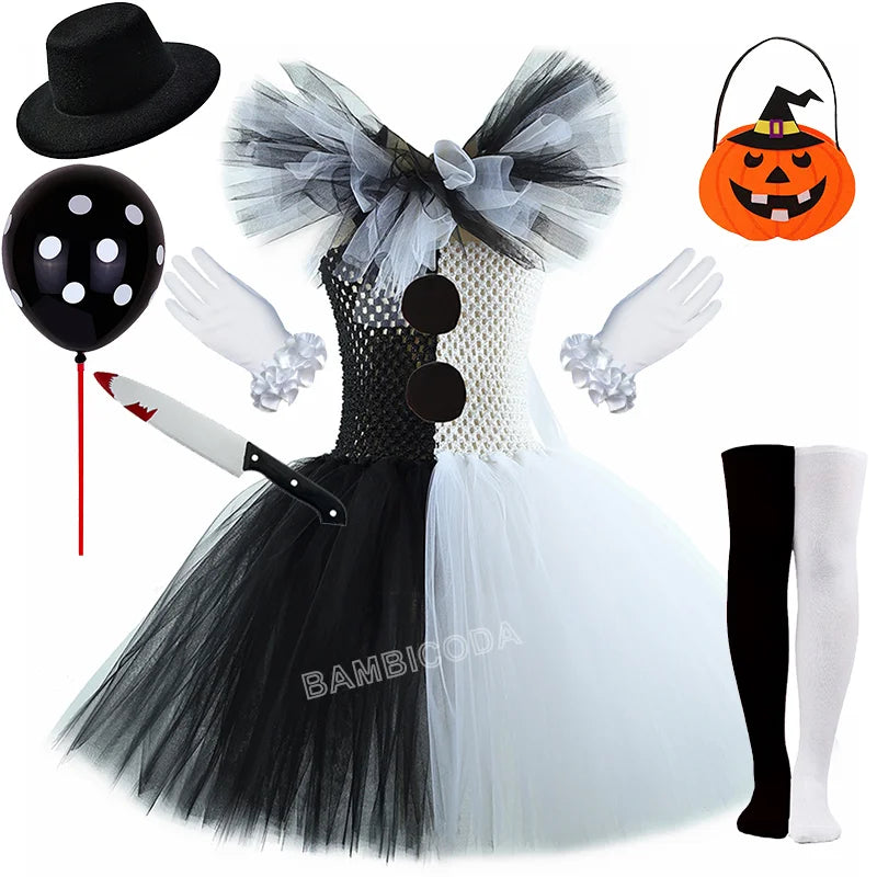 Girls Horror Clown Costume – Black & White Tutu Dress