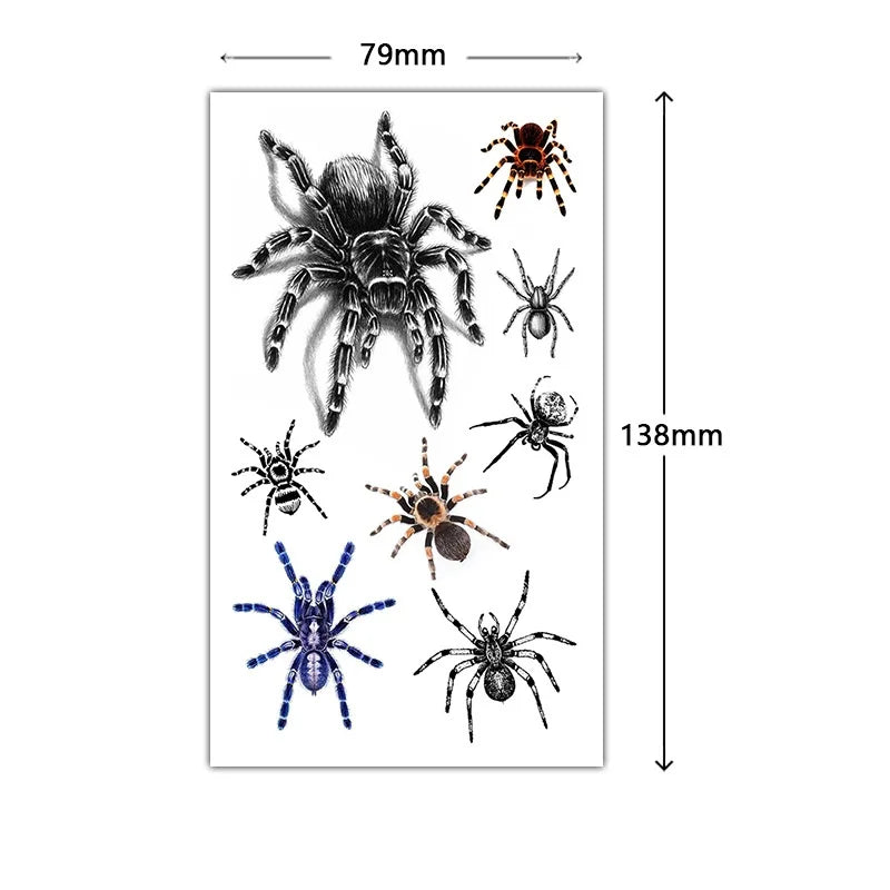 Halloween Spider Temporary Tattoo Stickers Waterproof Fake Scary Tattoo Sticker for Party Festival Body Face Arm Makeup 8pattern