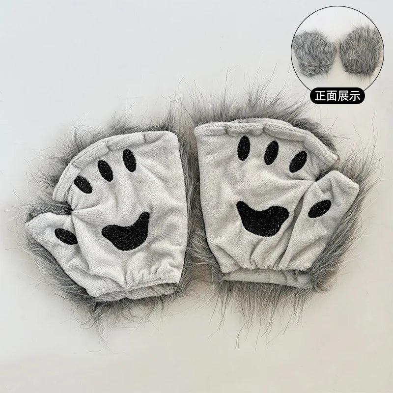 Faux Fur Fox Tail Cat Wolf Cosplay Costume Set with Plush Mask Fluffy Paw Gloves for Halloween And Christmas Party Accessories