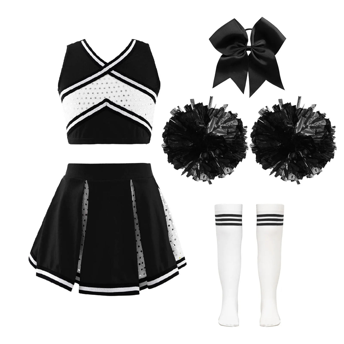 Girl Cosplay Cheerleader Costume Cheerleading Uniform Outfit Sequins Crop Top Skirt with Socks School Girls Dancewear Sets
