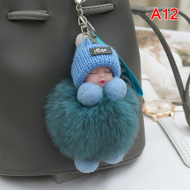 Sleeping Baby Pompom Plush Keychain Cute Fluffy Bag Charm