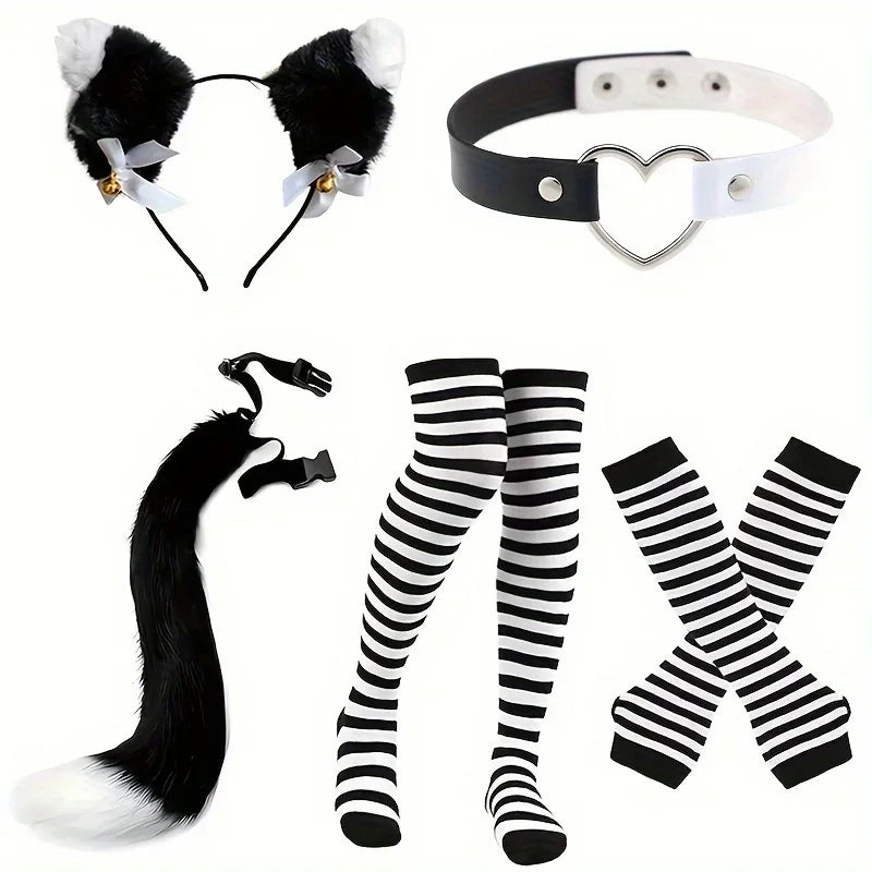 Role playing costume set with black and white stripes, furry tail, gloves and socks, acting props for Halloween