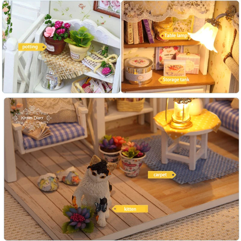 Kitten Mini Doll House 3D Wooden Puzzle DIY Miniature Building Kit