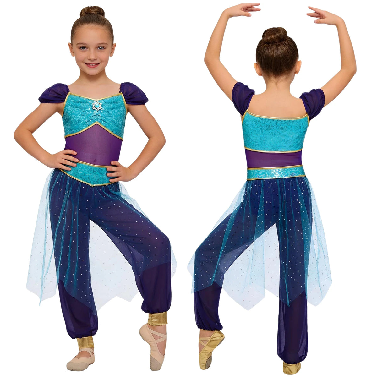 Girls Arabian Princess Costume Belly Dance Jumpsuit Shiny Sequin Tulle Overlay Satin Bodysuit for Halloween Theme Party Carnival