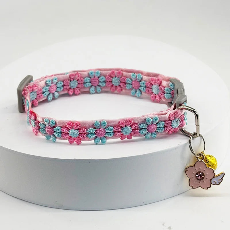 Pink Blue Cherry Blossom Embroidery Cat Collar With Bell Safety Breakaway Buckle Pet Accessory For Kitten Puppy