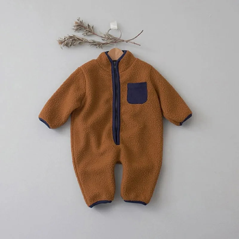 MILANCEL Spring Autumn Newborn Baby Romper Infant Warm Lamb Fleece Patchwork Jumpsuit Toddler Outwear