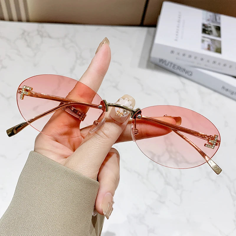 Oval Rimless UV400 Sunglasses Women Small Metal Frame Fashion Outdoor Shades