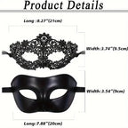 2pcs Elegant Black Lace Masquerade Mask Set for Couples - Perfect for Venetian Party, Mardi Gras, and Halloween Celebrations
