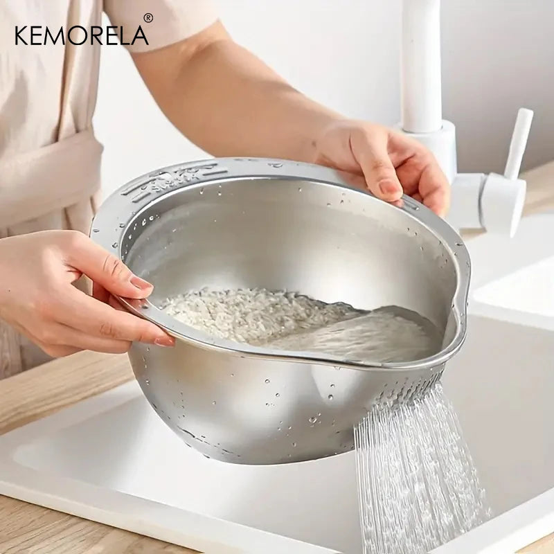 304 Stainless Steel Rice Washer Strainer Bowl – Multi-Purpose Drain Colander