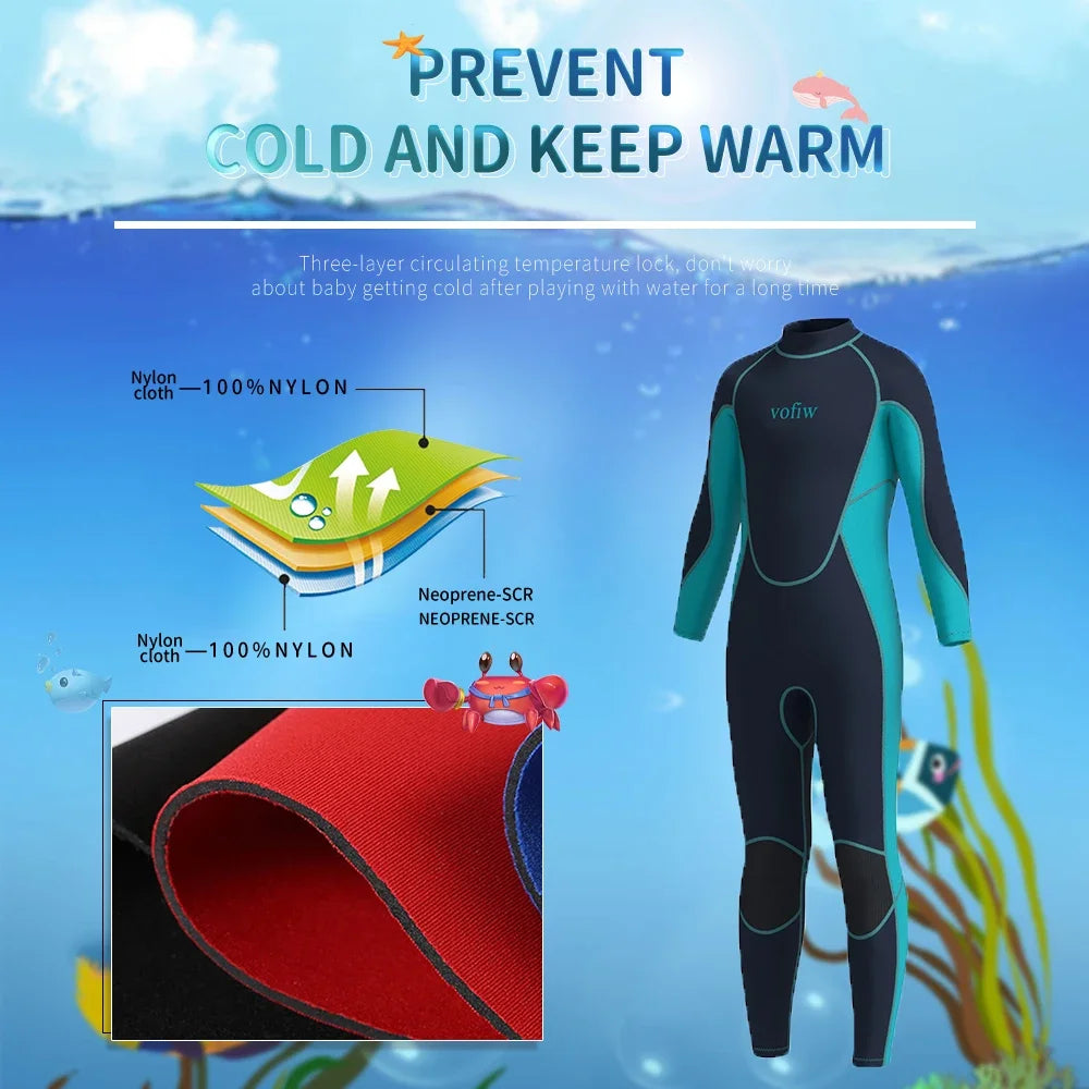 Children's 3MM Neoprene Wetsuit Back Zipper Surfing Snorkeling Swimming Suit Long Sleeves Boys Girls Kids Water Sports Swimwear