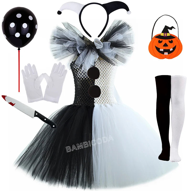 Girls Horror Clown Costume – Black & White Tutu Dress