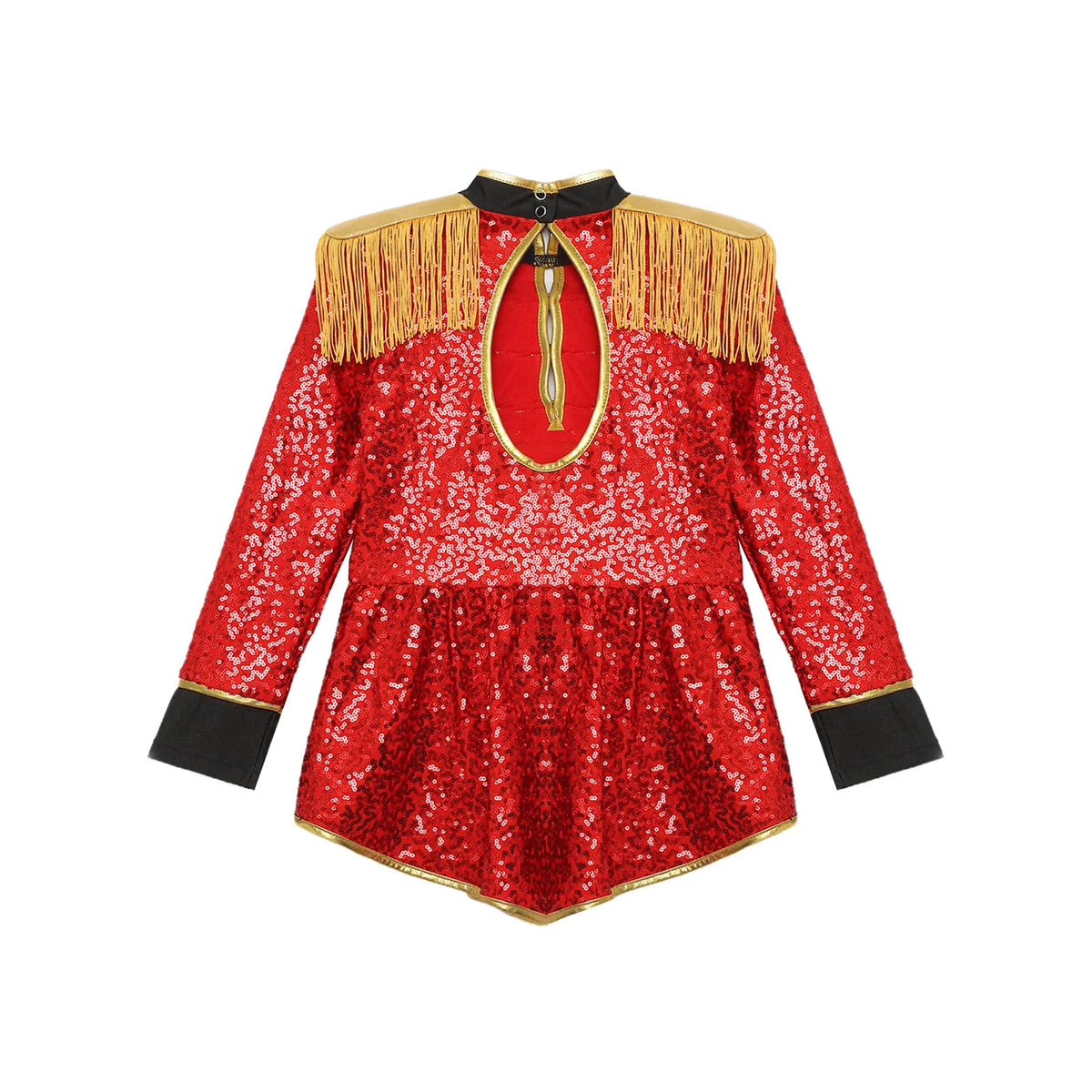 Girls Shiny Sequins Circus Ringmaster Magician Drummer Costume Lion Tamer Long Sleeve Fringe Epaulet Bodysuit for Halloween