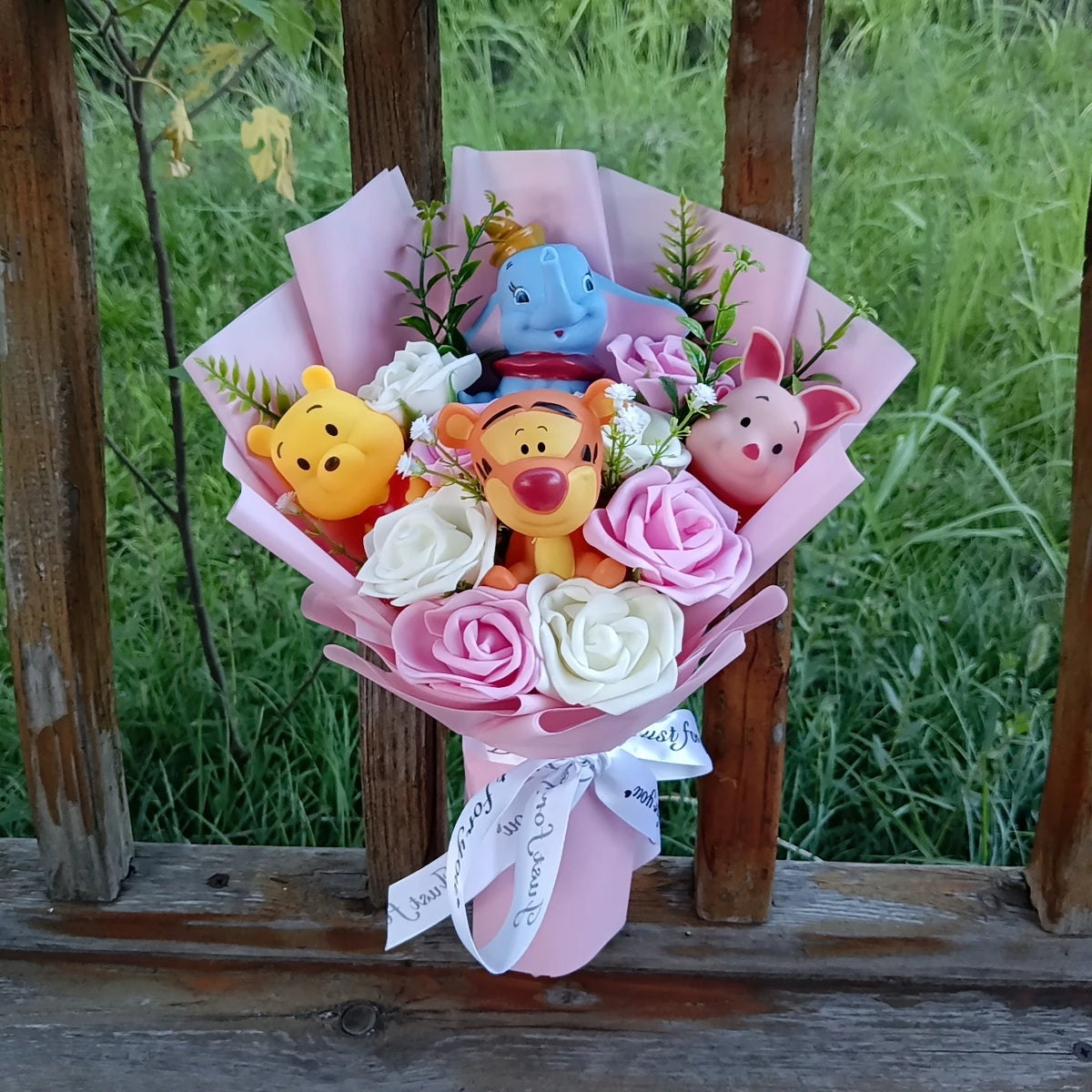 Anime Winnie the Pooh Pig Elephant Handmade Flower Bouquet Plush Doll Wedding Graduation Valentine Christmas Birthday Gifts