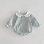 Ready Stock Newborn Jumpsuit Baby Girls Peter Pan Collar Drawstring Long Sleeves Elegant Check Romper 0-2yrs