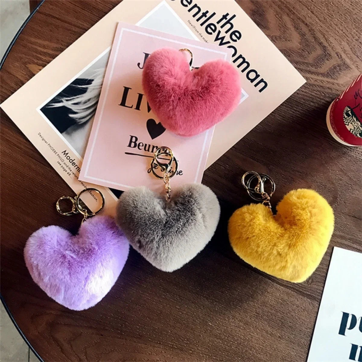 Heart Plush Pompom Keychain Leopard Print Bag Charm
